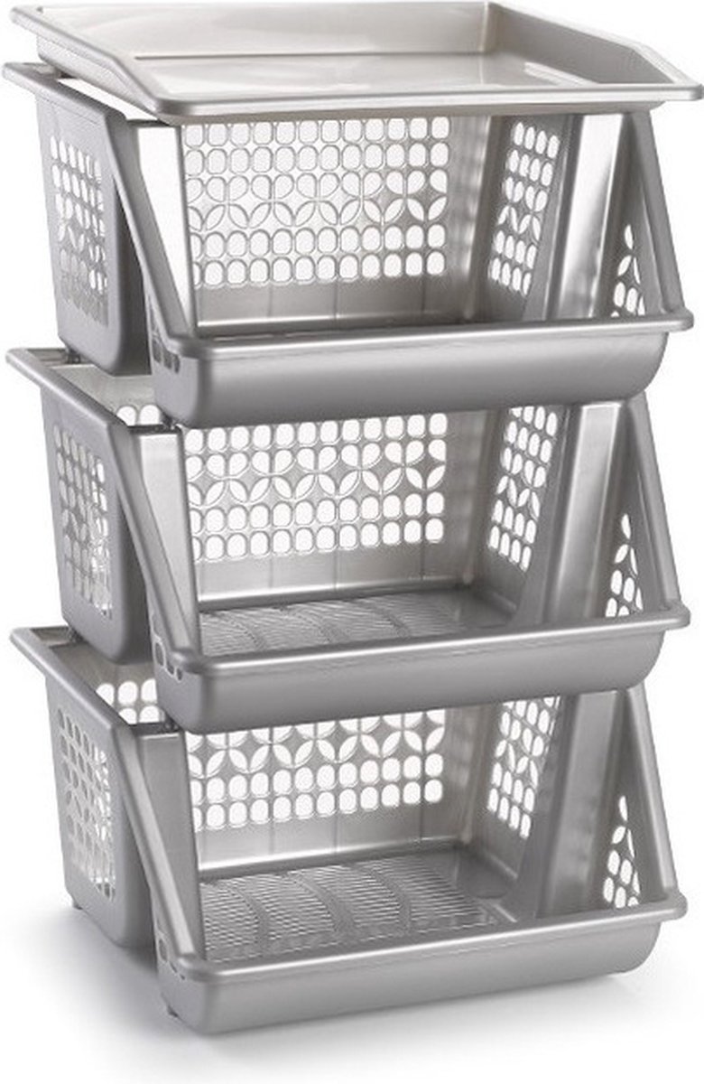 Plasticforte Opbergkrat - 2x - zilver - 3 vakken - 62 cm - Stapelkratten - Stapelbare manden