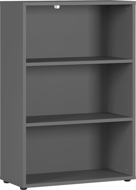 Grijze open kantoorkast met 3 planken.