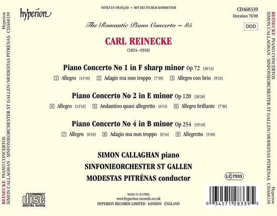 Simon Callaghan, Sinfonieorchester St.Gallen, Modestas Pitrenas - Reinecke: Piano Concertos (CD)
