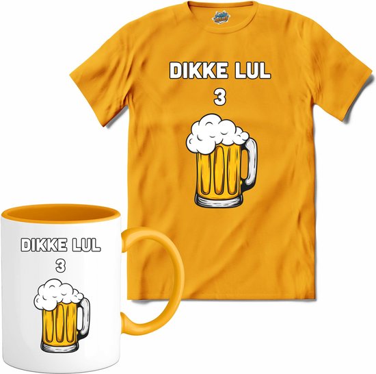 Dikke lul 3 bier - Bier kleding cadeau - bierpakket kado idee - grappige bierglazen drank feest teksten en zinnen - T-Shirt met mok - Heren - Geel - Maat 3XL
