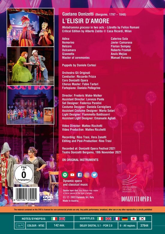 DVD L'elisir d'amore met cast en crewinformatie, FSK 0-logo en 'Dynamic' merknaam.