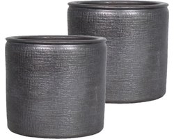 2x stuks bloempotten/plantenpotten van keramiek in het industrieel zwart D18 en H16 cm - Binnen gebruik