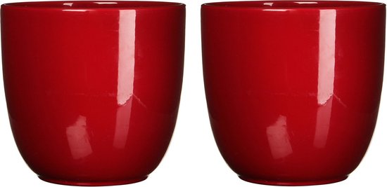 2x pots de fleurs en céramique rouge foncé brillant pour plante d'intérieur H14 x D14,5 cm - Mica Decorations