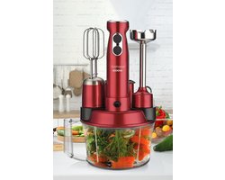 Goldmaster ELENAMAX GM-7239 - 5-in-1 Hakmolen - Blender - Staafmixer - Snijmachine - 2-traps - 1000W - Rood