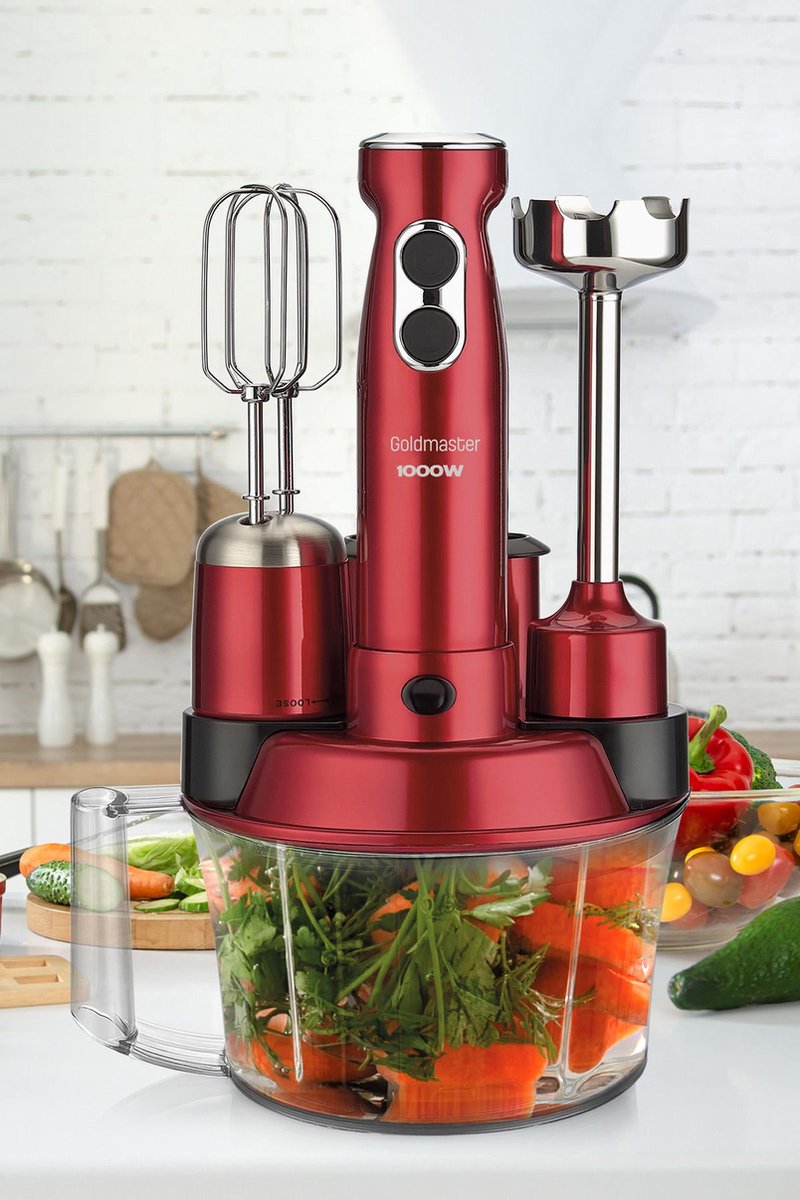 Goldmaster ELENAMAX GM-7239 - 5-in-1 Hakmolen - Blender - Staafmixer - Snijmachine -  2-traps - 1000W - Rood