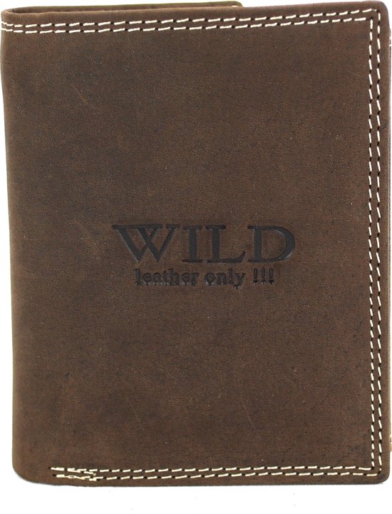 Wild Leather Only !!! Portemonnee Heren Buffelleer Donkerbruin - Billfold - Staand Model - (AD-205-15) -12x2x9,5cm-