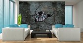 Fotobehang - Vlies Behang - Witte Tijger met Blauwe Ogen in Betonnen Gebroken Muur 3D - 368 x 254 cm