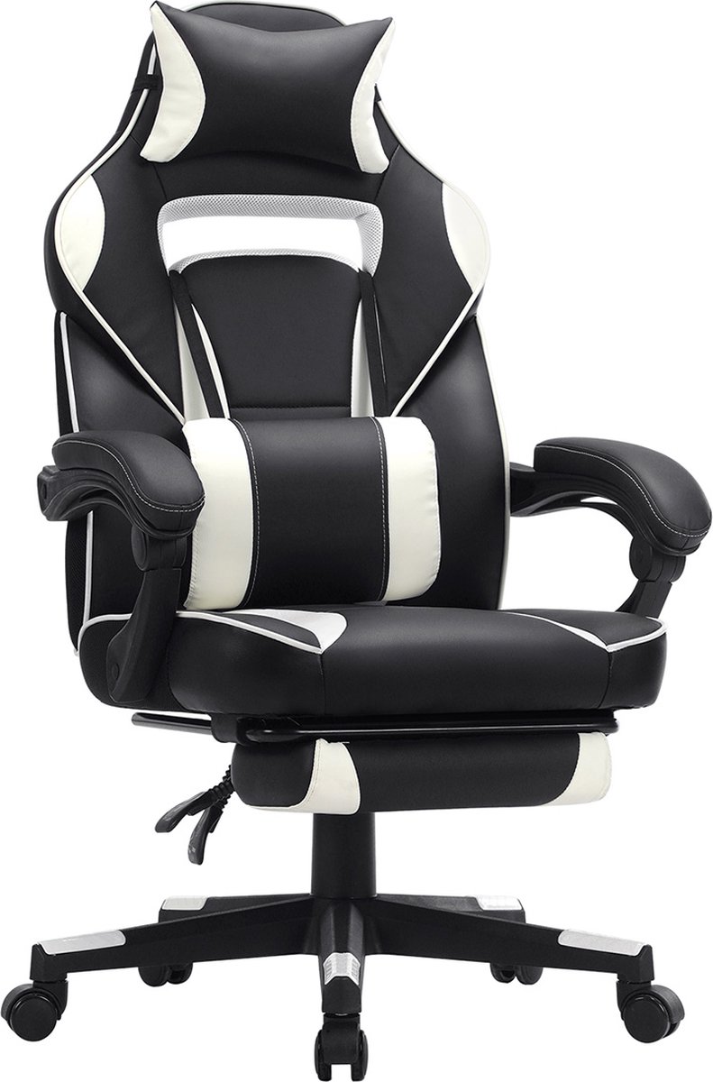 Signature Home gamestoel of bureaustoel met voetensteun - ergonomisch bureaustoel met hoofdsteun en lendenkussen - in hoogte verstelbaar - 90-135° kantelhoek - draagvermogen tot 150 kg - zwart-wit