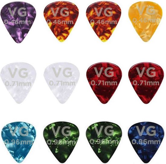 VG plectrum set 12 Celluloid plectrums - diktes thin 0.46 medium 0.71 en thick 0.96 mm