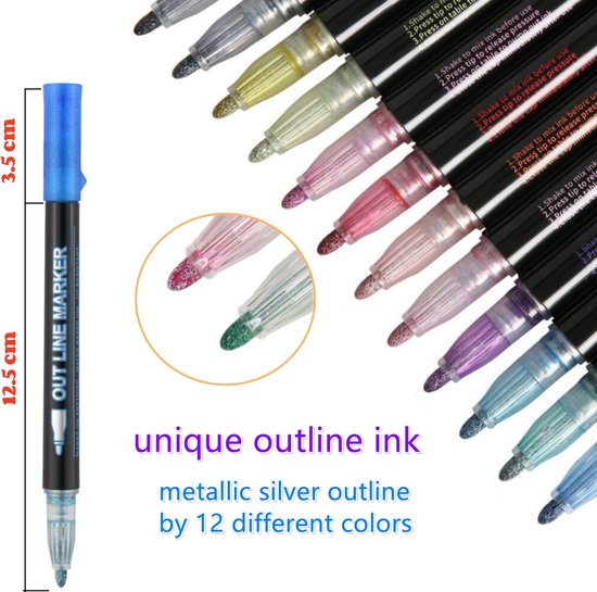 Glitterstiften 12 kleuren - Glitterpennen - Metallic Outline Markers Pennen