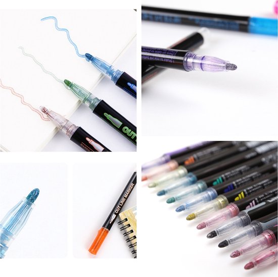 Glitterstiften 12 kleuren - Glitterpennen - Metallic Outline Markers Pennen