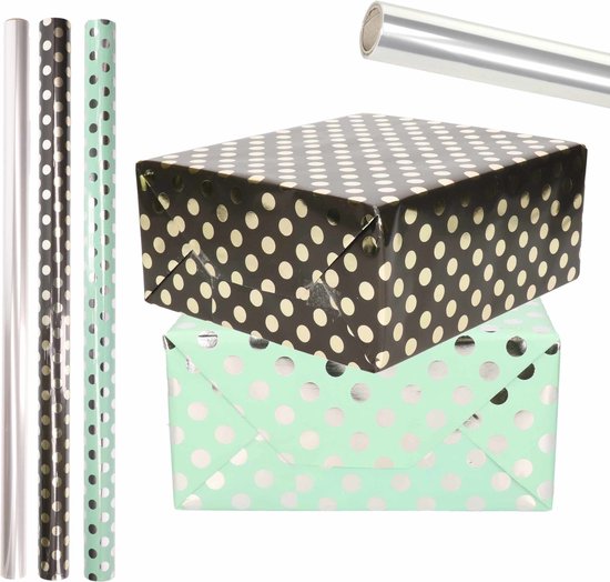 6x Rollen transparante/folie luxe inpakpapier zilveren/gouden stippen pakket - mintgroen/zwart 200 x 70 cm - cellofaan/cadeau/kadopapier