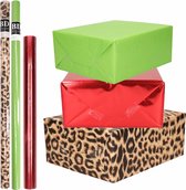 9x Rollen kraft inpakpapier pakket dierenprint/metallic rood en groen 200 x 70/50 cm/cadeaupapier/verzendpapier/kaftpapier
