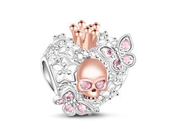 Fler® | Bedel | Past op populaire bedel armbanden (standaard-3mm) | armbandbedel | Koningin doodshoofd en vlinders | Halloween Charm | 925 Sterling Zilver | Heldere & Roze Zirkonia | Emaille | Roze | Kerstcadeau | Sinterklaas Cadeau | Valentijn kado