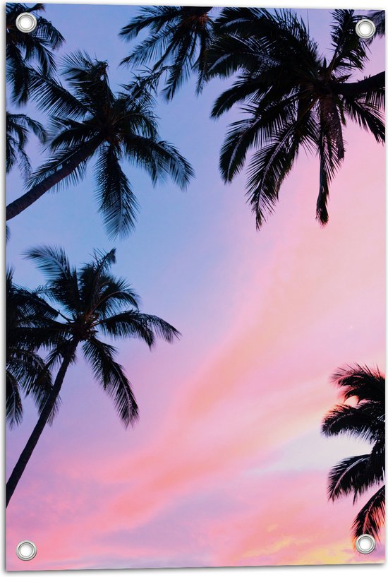 WallClassics - Tuinposter – Silhouet van Palmbomen bij Pastekleuren in de Lucht - 40x60 cm Foto op Tuinposter  (wanddecoratie voor buiten en binnen)