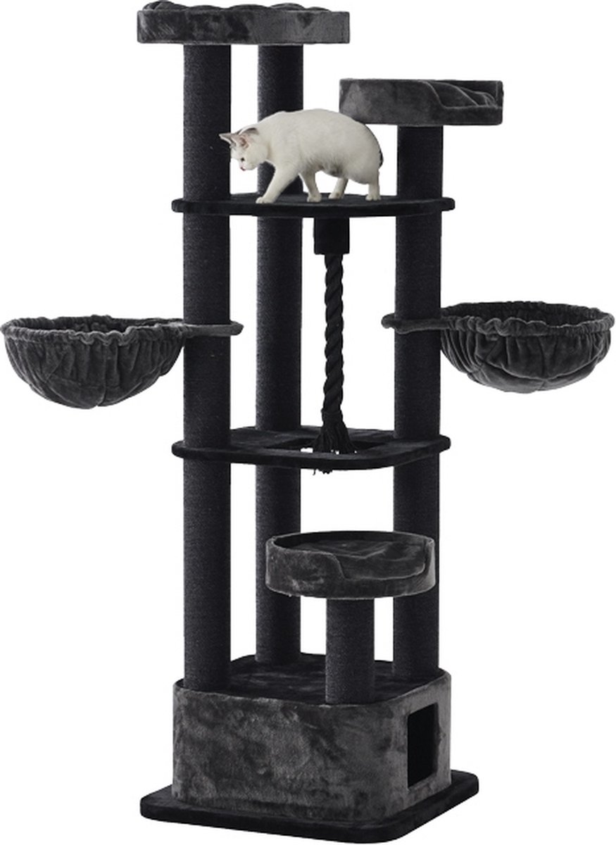 Nobby Krabmeubel Musan – Krabpaal – Huisje – XXL – Touw – Hangmat – Grijs – Zwart – Grote Kat – Zware Kat – Maine Coon – 70 X 70 X 203 cm