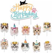 11-delige cupcake en taart topper set Happy Birthday Cats - kat - poes - cupcake - taart - topper - verjaardag