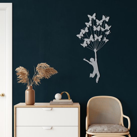 Wanddecoratie | Vliegen met Vlinders / Flying with Butterflies| Metal - Wall Art | Muurdecoratie | Woonkamer |Zilver| 38x75cm
