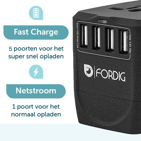 Detail van de zwarte ForDig wereldstekker met 5 USB-poorten voor snel laden en 1 poort voor normaal laden.