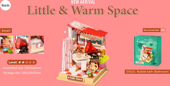 Productoverzicht Robotime Little & Warm Space DIY Huisje Bubble Bath Bathroom DS018, met huisje in detail en verpakking.