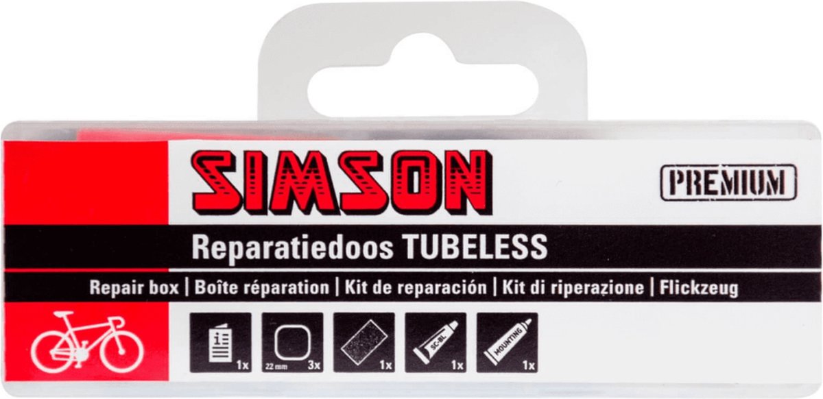 Simson Tubeless reparatiedoos rood met pleisters, blauwe solutie en montagevloeistof voor fietsbanden thumbnail 8