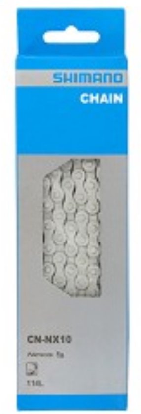 Shimano kettingverpakking met een raam dat een zilverkleurige 114-schakel ketting toont. "SHIMANO CHAIN CN-NX10 Nexus 1s 114L"
