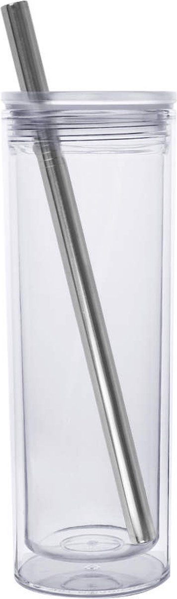 Beker met RVS rietje deksel en schoonmaakborstel- 500 ml- transparant- herbruikbare drinkbeker- dubbelwandig- to go beker