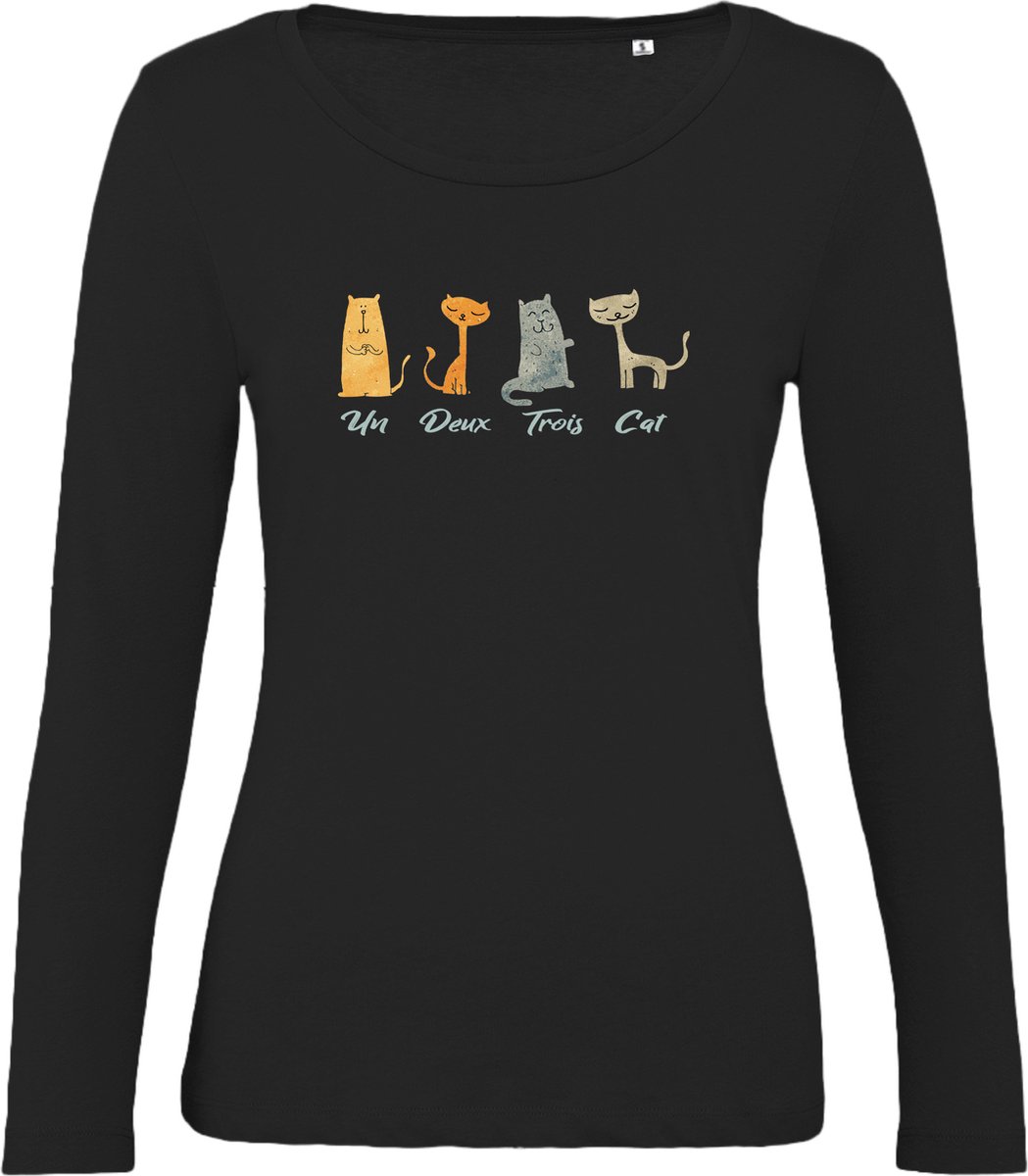 B & C - Dames T Shirt - Katten Poesjes - Lange Mouw - Zwart - Maat 3XL