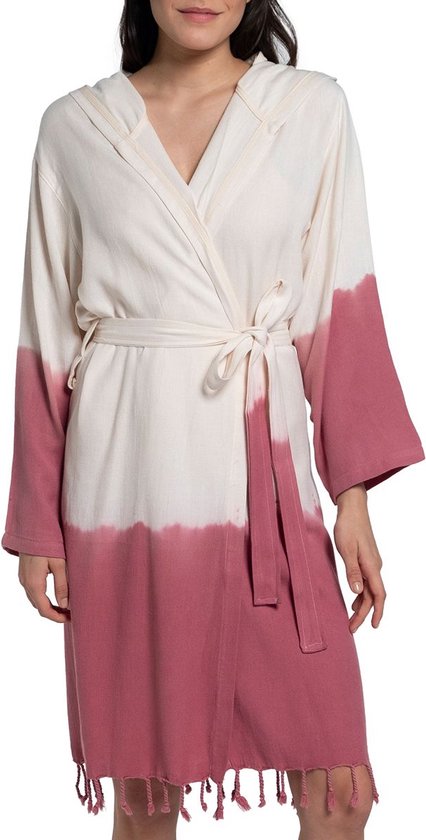 Dip Dye Badjas Dusty Rose - M - extra zachte hamam badjas - luxe badjas - korte ochtendjas met capuchon - dunne sauna badjas