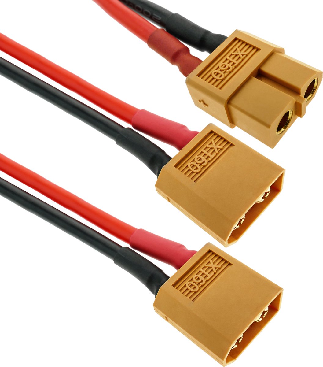BeMatik - Kabel XT60 vrouwelijk naar 2 x XT60 mannelijk 15 cm 14AWG Opladen en voeding
