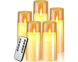 LED-kaarsen - met afstandsbediening en timer - LED-knipperende kaarsen van plexiglas met bewegende vlammen, 5 stuks -Goud