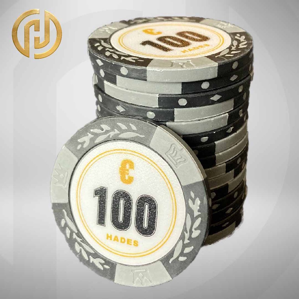 Mec Hades Cashgame Classic Poker Chips €100 grijs (25 stuks) pokerchips pokerfiches poker fiches clay chips pokerspel pokerset poker set