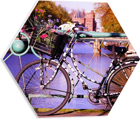 WallClassics - PVC Schuimplaat Hexagon  - Fiets geparkeerd op Brug - 40x34.8 cm Foto op Hexagon (Met Ophangsysteem)