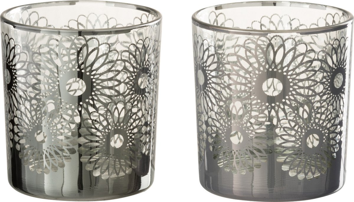 J-Line Theelichthouder Zonnebloem Glas Zilver Small Assortiment Van 2