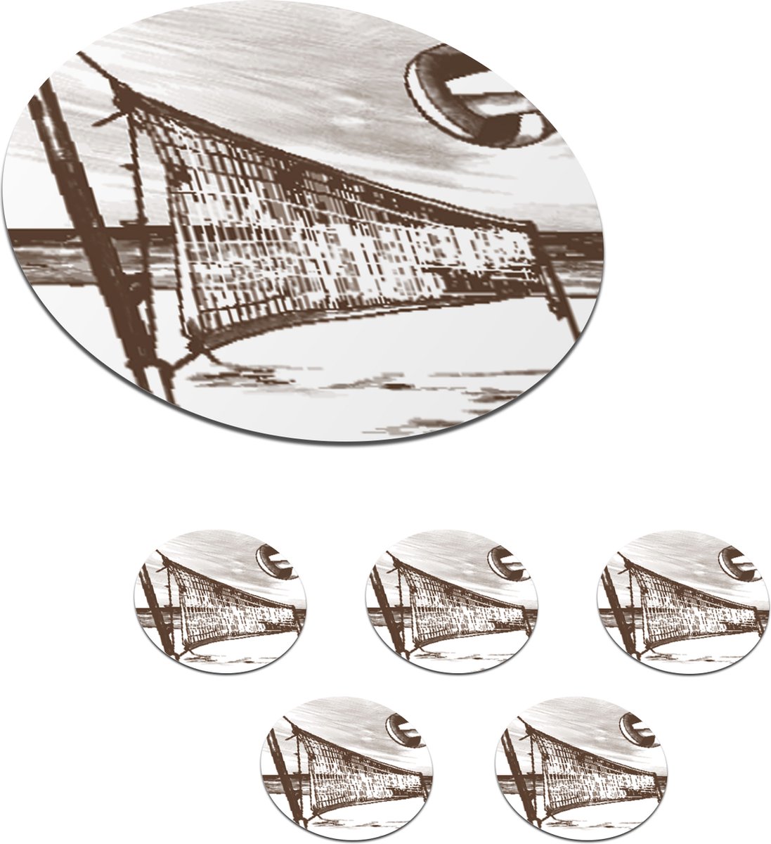 Onderzetters voor glazen - Rond - Strand - Volleybal - Net - 10x10 cm - Glasonderzetters - 6 stuks