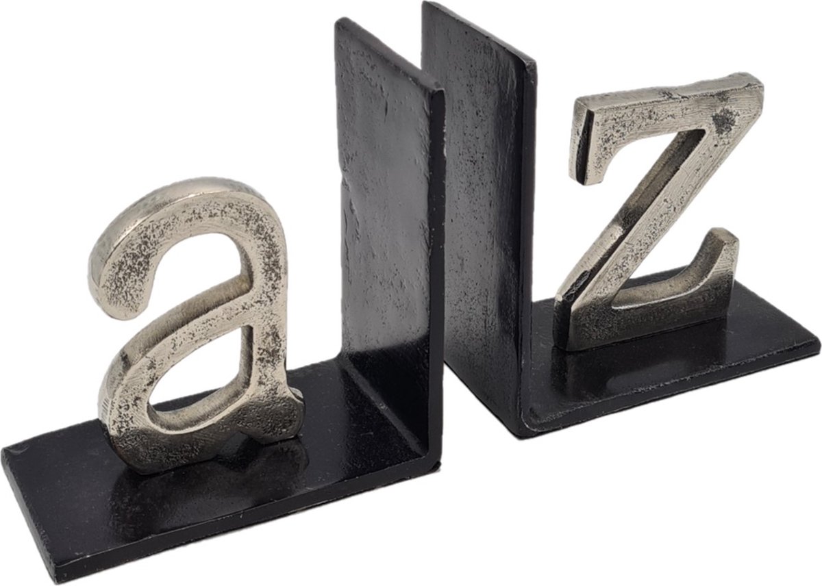 Deco4yourhome® - Boekensteun - A/Z - Alfabet - Zwart - Zilver - Old Metal - Black