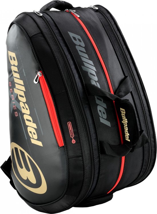 Zwarte Bullpadel racketas met gouden logo, 'Series' en rode accenten.