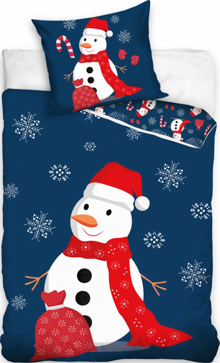 Kerst dekbedovertrek Sneeuwpop - 140 x 200 cm - 70 x 90 cm - blauw
