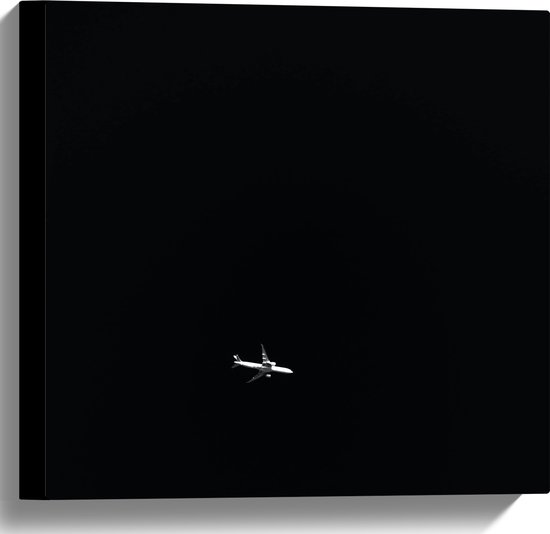 Canvas - Wit Vliegtuig op Zwarte Achtergrond - 40x40 cm Foto op Canvas Schilderij (Wanddecoratie op Canvas)