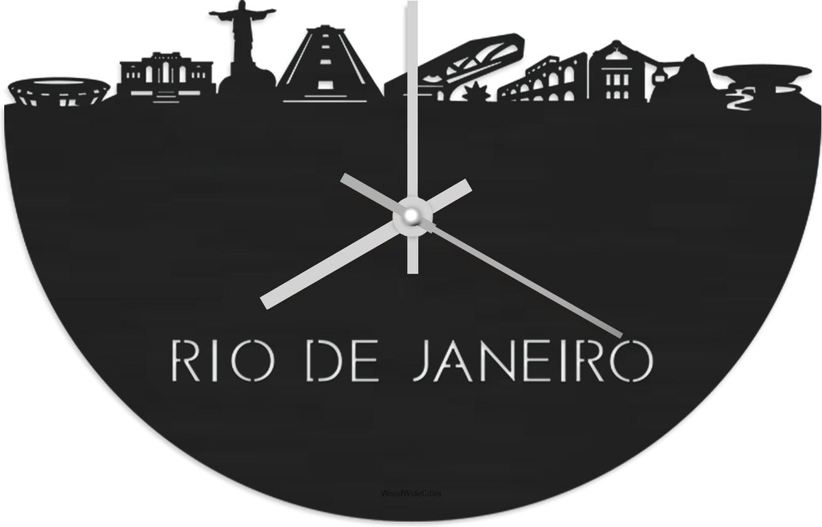 Skyline Klok Rio de Janeiro Zwart hout - Ø 40 cm - Stil uurwerk - Wanddecoratie - Meer steden beschikbaar - Woonkamer idee - Woondecoratie - City Art - Steden kunst - Cadeau voor hem - Cadeau voor haar - Jubileum - Trouwerij - Housewarming -