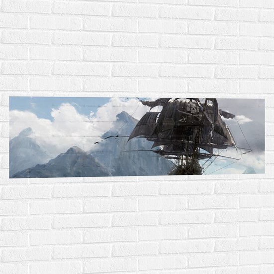 WallClassics - Muursticker - Schilderij van Zeilschip bij Berg - 120x40 cm Foto op Muursticker
