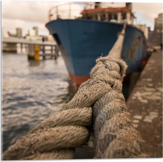 WallClassics - Acrylglas - Dik Touw aan Vrachtschip in de Haven - 50x50 cm Foto op Acrylglas (Wanddecoratie op Acrylaat)