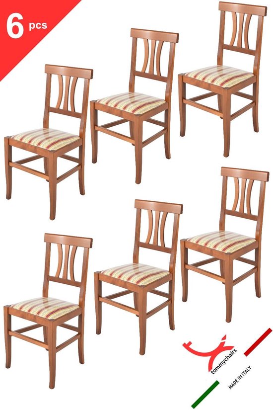 Tommychairs - Ensemble de 6 chaises modèle Artemisia. Très approprié pour la cuisine, la salle à manger, mais aussi pour la restauration. Chaise couleur noyer avec assise rembourrée en tissu liserè rouge