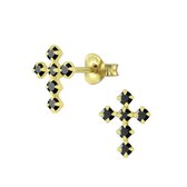 Joy|S - Zilveren kruis oorbellen 7 x 10 mm zwart kristal 14k goudplating