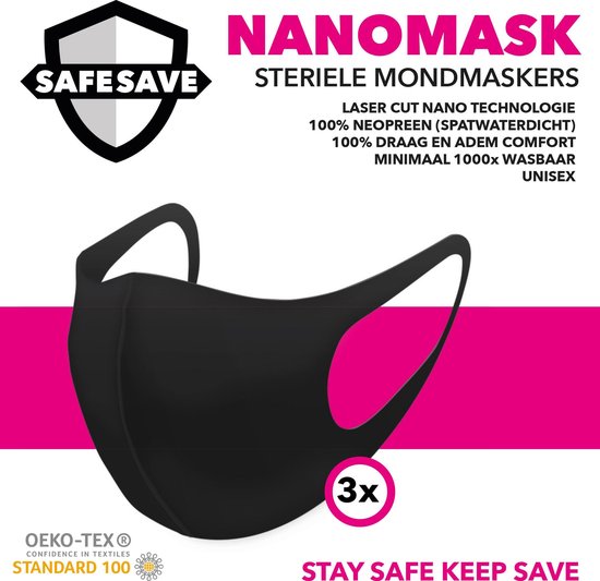 SAFESAVE mondkapjes wasbaar en herbruikbaar-100% neopreen mondkapje-niet medisch mondmasker-3 stuks-Zwart
