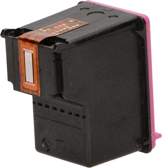 Zwarte inktcartridge met roze accenten en een oranje strip met contactpunten.
