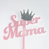 Taartdecoratie versiering| Taart topper | Cake topper | Mama Moeder| Super Mama | Roze glitter |14 cm | karton