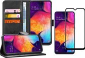 Hoesje geschikt voor Samsung A50 en Screenprotector - Book Case Leer Wallet Zwart + Screen Protector Full