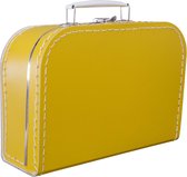 Valise Kinder en karton ocre jaune 25 cm avec un contenu social. Décoration, jouets, fête d'invités, valise pour enfants.