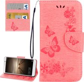 Voor Huawei Mate 9 vlinders Embossing horizontale flip lederen tas met houder & kaartsleuven & portemonnee & lanyard (roze)
